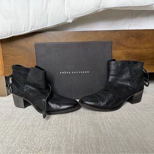 Freda Salvador Black Leather Ankle Booties with Buckle Strap